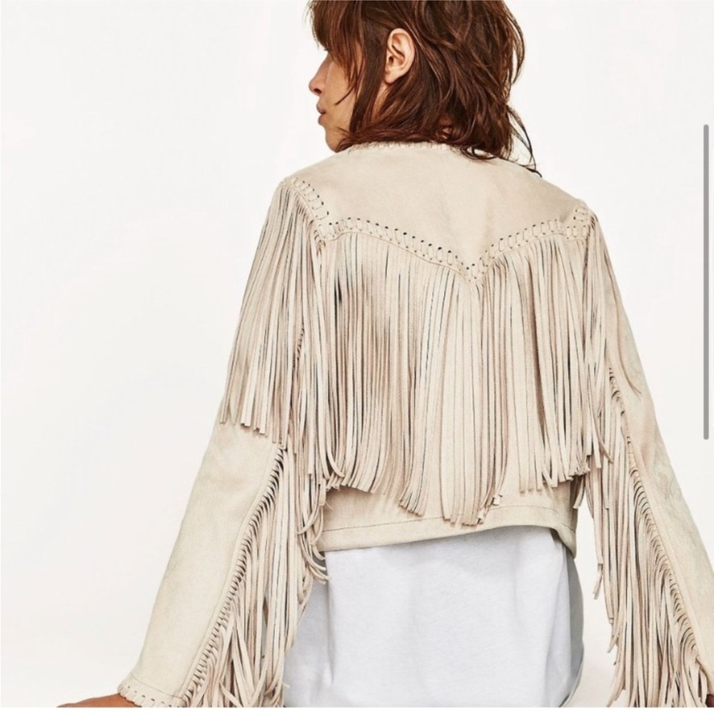 Zara Light Pink Suede Fringe Jacket - Picture 3 of 6
